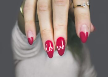 red and white manicure with love print
