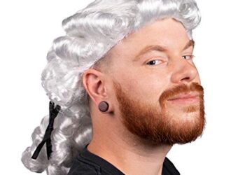 Colonial Powdered Wig, Adult Size – Judge Wavy Curly White Ponytail Hair Style for Adult Costumes – Dress Up Accessory – Historical Hats, Wigs, Headwear, Props for Halloween, Cosplay, Projects, Plays – One Size