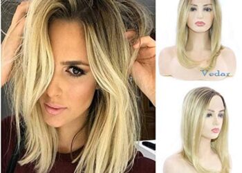 Vedar Hollywood Celebrity Wigs for Women Middle Part Light Blonde Lace Front Wigs with Brown Roots Ombre Short Bob Wigs Glueless Synthetic Blonde Hair Wig 14 inches