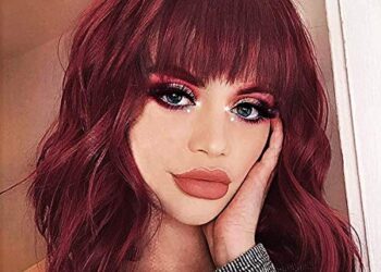 14″ Synthetic Curly Bob Wig with Bangs Burgundy Short Bob Wavy Hair Wig Wine Red Color Shoulder Length Wigs for Women Bob Style Synthetic Heat Resistant Bob Wigs(#118/130M)…