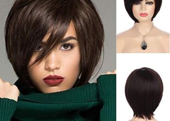 Baruisi Short Brown Bob Wigs for Women Synthetic Straight Side Bangs Costume Hair Wig for Party Daily Use