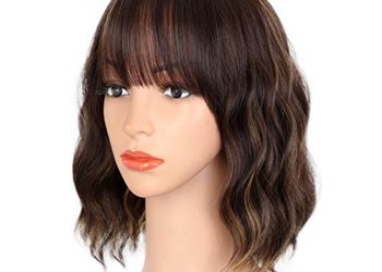 ENTRANCED STYLES Dark Brown Wigs for Women, Blonde Highlights Wig Natural Looking Short Wavy Bob Wig with bangs Medium Length Heat Resistant Synthetic Wig Daily Party Use 12”