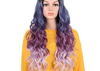 NOBLE Colorful Synthetic Lace Part Wigs for Women 27 inch Long Wavy Wigs 5 inch Middle Part Blue Purple Color Wigs 150% Density
