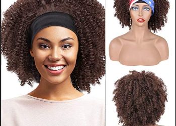 PWEOUKE 8 Inch Afro Kinky Curly Headband Wig Coffee Brown Hairband Wig Deep Wavy Afro Curls Short Wig with Headwrap Alopecia Wig Synthetic Fiber Celebrity Wigs for Costume Daily Wear 4#