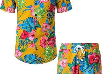 JOGAL Men’s Flower Casual Button Down Short Sleeve Hawaiian Shirt Suits