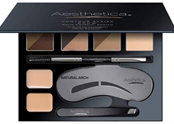 Aesthetica Brow Contour Kit 16-Piece Eyebrow Makeup Palette Set 6 Eyebrow Powders, 5 Eyebrow Stencils, Spoolie/Brush Duo, Tweezers, Eye Brow Wax, Highlighter – Unique Gifts For Women For Her Birthday