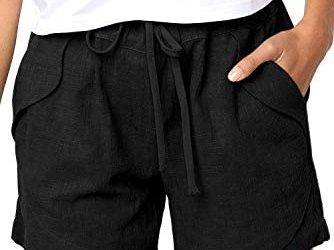 SMENG Womens Casual Comfy Shorts with Pockets Wide Leg Drawstring Cotton Short