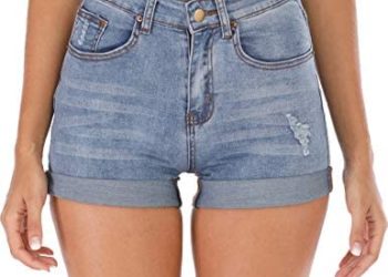 Women Casual Summer Mid Waist Denim Jean Shorts Juniors Stretchy Folded Hem Short Jeans