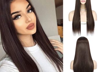 QD-Udreamy Natural Straight Dark Brown Color Hair Wigs None Lace Front Wigs Heat Resistant Synthetic Hair Wigs Celebrity Women Party Wear Wig 24 Inch