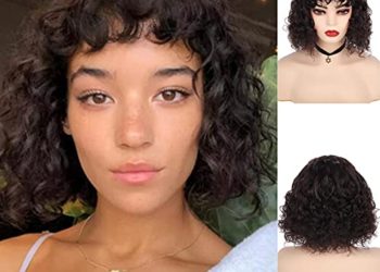 Baruisi Short Curly Bob Wig with Bangs Brown Synthetic Natural Looking Heat Resistant Bob Wigs for Women