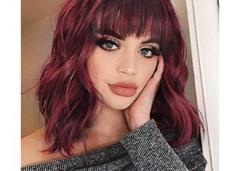 izhenwo Synthetic Curly Bob Wig with Bangs Short Bob Wavy Hair Wig Wine Red Color Shoulder Length Wigs for Women Bob Style Synthetic Heat Resistant Wigs for Women Daily Life (Wine Red)