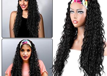 Tiietone Headband Wigs for Black Women, Long Curly Wavy Synthetic Wig Heat Resistant, Natural Looking High Density Deep Water Wave Wig, Glueless None Lace Front Black Half Wigs 24 inch