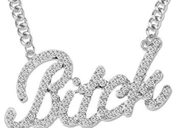Q&Q Fashion Celebrity Urban Big Bling Bitch Necklace Word Crystal Pave Rhinestone Chunky Chain Best Friend Friendship Jewelry BFF Gift