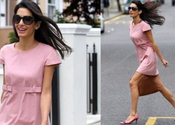 George Clooney Fiancée Amal Alamuddin Puts on a Leggy Display in Pretty Pink Dress