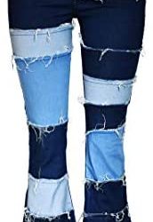 Aodrusa Women Patch Flare Jeans Bell Bottom Raw Hem Denim Pants