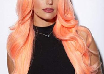 Kim Blush Wig Color Tropical Peach – Sepia Wigs 26″ Long Wavy Lace Front 100% Futura Heat Friendly Synthetic Hair Vibrant Costume Realistic Hairline Layered Bundle MaxWigs Hairloss Booklet