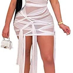 Uni Clau Women Sexy Sheer Mesh Boydcon Mini Dress See Through Bandage Sleeveless Mini Clubwear Party Dress White