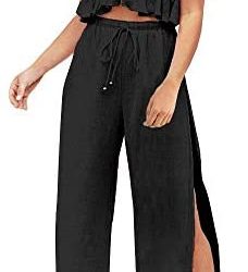 FANCYINN Womens 2 Pieces Outfits Deep V Neck Crop Top Side Slit Drawstring Wide Leg Pants Set Jumpsuits