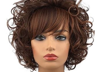 Wiginway Curly Wig Synthetic Wig for Women Style Brown Medium Big Curly Bangs 8 Inch