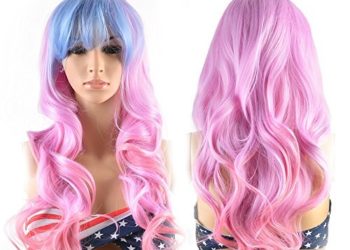 Image Long Full Curly Wavy Multi-Color Lolita Halloween Wigs for Women Cosplay Costume Party with Wig Cap Comb and Rubber Band — Light Blue/ Pink