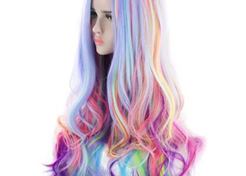 AGPtEK Full Long Curly Wavy Rainbow Hair Wig, Heat Resistant Wig for Music Festival, Theme Parties, Wedding, Concerts, Dating, Cosplay & More