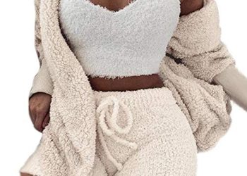 Womens Sexy Warm Fuzzy Fleece 3 Piece Outfits Pajamas, Sherpa Coat Jacket Outwear and Spaghetti Strap Crop Top Shorts Set