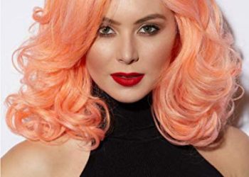 Reagan Blush Wig Color Tropical Peach – Sepia Wigs 14.5″ Shoulder Length Curly Lace Front Heat Friendly Synthetic Hair Vibrant Costume Realistic Hairline Layered Bundle MaxWigs Hairloss Booklet