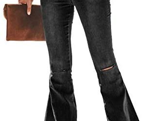 Sidefeel Women Destoryed Flare Jeans Elastic Waist Bell Bottom Raw Hem Denim Pants
