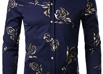 ZEROYAA Men’s Geek Rose Gold Shiny Flowered Printed Stylish Slim Fit Long Sleeve Button Down Shirt