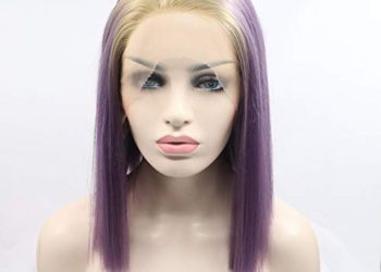 14″ Purple Bob Hairstyle Synthetic Lace Front Wigs with Blonde Roots Natural Short Straight Heat Resistant Fiber Hair for Woman