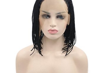 Sylvia Bob Braided Wig 14″ 1B# Black Bob Hairstyles Lace Front Wigs Glueless Short Lenth Braiding Synthetic Lace Front Wig Natural Micro Braiding Braided Heavy Density Heat Resistant Half Hand Tied Wig