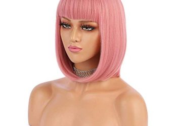 eNilecor Short Bob Hair Wigs 12″ Straight with Flat Bangs Synthetic Colorful Cosplay Daily Party Wig for Women Natural As Real Hair+ Free Wig Cap (Pink)