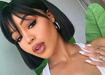 Brazilian Virgin Straight Short Bob Wigs with Bangs None Lace Front Wigs Machine Made Bob Human Hair Wigs with Bangs for Black Women Natural Color (10inch)
