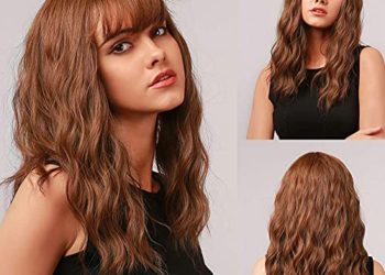 Tlever1 Short Wavy Brown Wig with Bangs Women Brown Synthetic Wig Cap Included (Wavy)