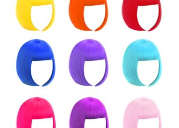 Short Bob Hair Wigs 9 Pieces 12″ Straight with Flat Bangs Synthetic Colorful Cosplay Daily Party Neon Wig for Women Girls+ Free Wig Cap