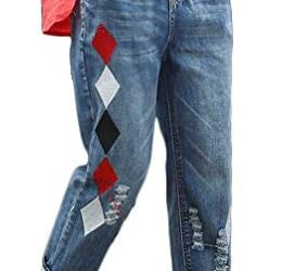 Lavnis Women’s Cropped Jeans Cotton Loose Denim Pants Casual Elastic Waist Ripped Jean Joggers