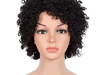 Joedir Short Small Curly Brazilian Human Hair Wig with Bangs for Black Women Pixie Cut Wigs Machine Made 130% Density (Black Color)