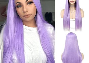 Wigoddess Straight Long Lilac lavender Purple Lace Front Wigs for Fahison Women Natural Looking Light Purple Natural Looking Synthetic T Part Lace Front Wigs With Natural Baby Hair 22 Inch