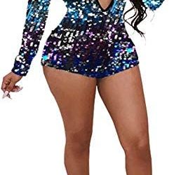 Misemiko Womens Sparkly Sequin One Piece Outfits Sexy Deep V Neck Colorful Short Pants Romper Jumpsuit Playsuit