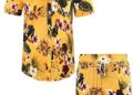MCEDAR Men’s Hawaiian Short Sleeve Shirt Suits Aloha Flower Print Suits Casual Button Down Standard Fit Beach Shirts Suits