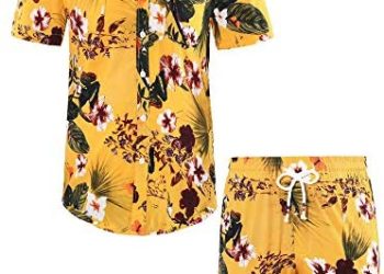 MCEDAR Men’s Hawaiian Short Sleeve Shirt Suits Aloha Flower Print Suits Casual Button Down Standard Fit Beach Shirts Suits