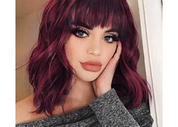 Lativ Short Wig with Bangs for Women Short Wavy Bob Wine Red Wig Synthetic Curly Bob Style Red Shoulder Length Bob Wigs Natural Looking Party Daily Use