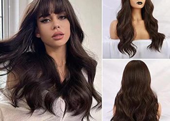 NYMPH Brown Wig with Bangs Long Natural Wavy Wigs for Women Synthetic Brown Wigs for Daily Party (Dark Ashy Brown，24inch)