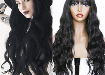 Fugady Hair Long Wavy Black Wigs With Side Bangs Synthetic Body Wave Fiber Wig Natural Curly Heat Resistant Full Machine Made Wig For Black Women Daily Cosplay Party 24 Inches