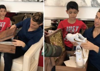 Cristiano Ronaldo with son open box with new CR7 NIKE AF1 24k gold