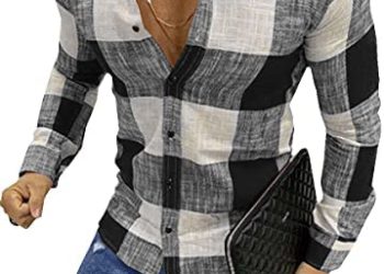 Hongqizo Men Button-Front Turndown Collar Long Sleeve Regular Casual Plaid Polo-Shirts