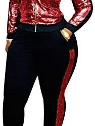 Women 2 Piece Glitter Sequin Outfits Tracksuit, Long Sleeve Jacket Tops Bodycon Long Pants Sparkle Sweatsuit Club Wear