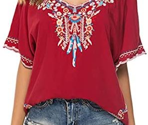 AK Women’s Summer Boho Embroidery Mexican Bohemian Tops Shirt Tunic Blouses