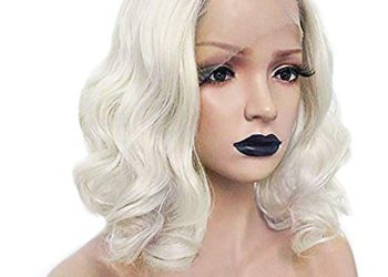 Anogol Hair Cap+ Platinum Short Blonde 13×1 Lace Front Wig White Women Curly Wavy Bob Wigs for Drag Queen Synthetic Body Wave Lace Wig Hair Costumes