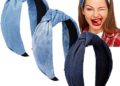 Giegxin 3 Pieces Knotted Denim Headbands Blue Jeans Headbands Hair Band Elastic Knotted Headbands Hair Accessories Headwear for Women and Girls, 3 Colors
